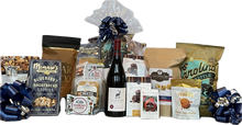 Load image into Gallery viewer, For this special order, we curated a North Carolina–themed gift basket packed with local flavor and Carolina pride. A huge shoutout to our amazing NC makers: Piedmont Pennies, Butterfield’s Honeybell Buds, 1 in 6 Snacks for the Carolina Kettle Chips, Memaw’s Cookies, Big Spoon Roasters Bars, Richie Hill Bakery, Bruce Julian Couch Mix, Chad’s at Chad’s Carolina Corn, Elk Cove Vineyards, and Bear Foods.