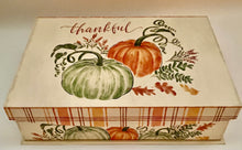 Load image into Gallery viewer, This stunning gift comes elegantly wrapped in shrink wrap, adorned with a stylish handmade bow, and includes a personalized notecard to convey your heartfelt message. A versatile and elegant gift for any occasion! Decorated with hues of oranges, rust, and greens this box will look beautiful for an autumn decor in any room.