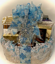 Load image into Gallery viewer, This Winter Snowflake Gourmet Gift Basket transcends mere culinary offerings; it represents an exquisite mix of flavors and sophistication, ideal for adding a touch of distinction to your winter festivities or as a thoughtful gesture to mark the season's spirit.  Whether shared among friends during intimate gatherings or presented as a token of appreciation, our meticulously curated gift basket promises to elevate every moment with its refined selection and seasonal charm.