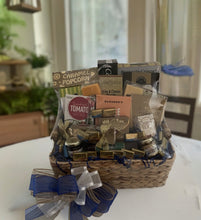 Load image into Gallery viewer, Extending our heartfelt condolences, this thoughtfully curated gourmet basket is the perfect way to express your sincere condolences. It includes an assortment of delicious treats such as premium cheeses, crackers, savory beef sticks, indulgent cookies, toffee nuts, rich chocolates, caramel popcorn, flavorful dip mix, cookies, assorted nuts, cracker crisps, mustard, jam, and so much more.