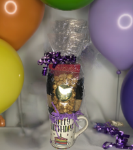 Load image into Gallery viewer, Introducing our "Birthday Bliss Mug" – the ultimate birthday treat! This 20-ounce mug is perfect for coffee, cocoa, tea, cereal or even soup. Inside, you’ll find gourmet white chocolate cocoa mix, caramel popcorn, biscotti or cookies, and candy – everything needed for a delicious celebration! Perfect for wishing your mom, dad, teacher, or your BFF a Happy Birthday!