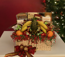 Load image into Gallery viewer, Inside this splendid gift, you'll find a grand and reusable basket, an assortment that includes Focaccia Crisps, Caramel Popcorn, Buttercrunch Pretzels, an array of gourmet Cookies, Chocolate Almonds, Cheese Straws, Butter Toffee Pretzels, Olives, Beef Sticks, Brie Cheese, a medley of seasonal Fruits, a variety of exquisite Chocolates, and much more.