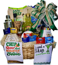 Load image into Gallery viewer, Inside this fantastic bundle, you'll discover a beautiful basket filled to the brim with two massive bags of Tortiyahs Superior dipping chips, Margarita Mix, Margaritaville Island Tequila (oh yeah!), a Complete shaker kit, Margarita rimming salt, and a bunch of other mouthwatering goodies like Salsa De Tres Chiles and Mango Pineapple Salsa – yum!
