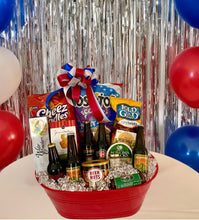 Load image into Gallery viewer, Let the Celebration Begin is the ideal party-starting gift basket! It contains an exclusive selection of snacks, including Cheez Doodles, Tostitos Scoops, Rold Gold Pretzels, Cheese, Sausage Sticks, Mustard, Cheese Straws, Nuts, Water Crackers, and so much more! It also includes a unique collection of craft beers from North Carolina. Perfect for Father's Day, Mother's Day, and any special occasion, this gift tub is guaranteed to heighten your celebration. It can also be made with soda