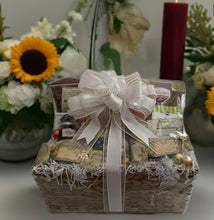 Load image into Gallery viewer, Extending our heartfelt condolences, this thoughtfully curated gourmet basket is the perfect way to express your sincere condolences. It includes an assortment of delicious treats such as premium cheeses, crackers, savory beef sticks, indulgent cookies, toffee nuts, rich chocolates, caramel popcorn, flavorful dip mix, cookies, assorted nuts, cracker crisps, mustard, jam, and so much more.