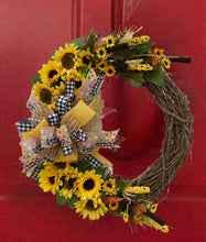 Load image into Gallery viewer, When ordering two of these wreaths for double doors, please let us know in the notes so we can coordinate as closely as possible to the size. Allow 1 -2 weeks for delivery or shipping. The handmade bow will be on opposite sides of the double door. Put a Sunflower Smile on your door to greet all your guests!