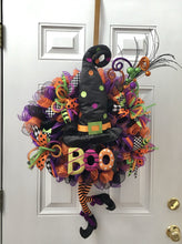 Load image into Gallery viewer, Plus, it can be delivered locally or shipped, so you don't have to wait to give your entryway that seasonal touch. See the pics of our customers' doors for inspiration, and order yours now to get it in time!  Gather 'round to greet your ghouls 'n' goblins with a vivid Witch's Night Out wreath! Please let us know when ordering two for the same door so we can mirror them.