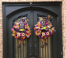 Load image into Gallery viewer, Halloween doesn't get more festive than Witch's Night Out! This full mesh wreath – complete with ribbons, a witch's hat and legs, and colorful Halloween picks – will send a clear message to all guests: "Enter All Trick-or-Treaters!" Measuring 35" tall x 26" wide x 6" deep, this wreath is perfect for any door or wall