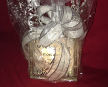 Load image into Gallery viewer, These Beautiful Light Blocks were custom decorated for a wedding. The bride and groom had their names, date, and a quote on one side and this special message on the other "What I Love Most About My Home is Who I Share it With!" At the end of the evening, a lucky guest get's to take theirs home for a wonderful memory of the cherished day celebrated by the bride and groom. These light blocks were a subtle light during the afternoon and evening hours and lit the room beautifully!