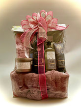 Load image into Gallery viewer, Your gift is carefully wrapped, adorned with a notecard, and finished with a beautiful handmade bow. Let us know how we can customize your basket—size, color, occasion, and preferences—to ensure this gift is truly one that keeps on giving. Allow us to spoil you or your special someone, bringing joy and relaxation with every luxurious treat.