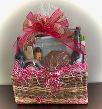 Load image into Gallery viewer, Our other gift is "Through the Storm," a gift basket which is a smaller custom basket we made. This beautiful basket includes Soda Bread,(which was specially ordered for St. Patrick's Day! so we may substitute it for a different bread or treat.) Cheese Spread, Sausage Stick, Cheese Straws, Biscotti, Beer Nuts, Cookies, Six North Carolina Brewed Beers (we do not ship adult beverages but can substitute for drink mixes, soda, or extra treats ), a variety of Chocolates and so much more!