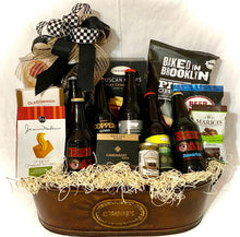 Load image into Gallery viewer, We've included different North Carolina beers, Tuscan crisps, beer nuts, baked pita chips, cheeses, water crackers, toffee peanuts, pretzels, dip, chocolate, and so much more! Select in the dropdown if would like the sign added to your gift. This gift *cannot be shipped with adult beverages (we do carry drink mixes or may substitute with extra snacks to be shipped).