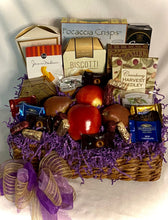 Load image into Gallery viewer, Picture this: a wicker wonderland filled with delightful Cracker Crisps, Butter Pretzels, Cheese, Cheese Straws, Caramel Popcorn, Italian Biscotti, Harvest Medley, apples, pears, and a treasure trove of chocolates! (Fruits may vary with season). Opening this gift is like unlocking a fresh fruit and treats treasure chest—pure joy awaits!