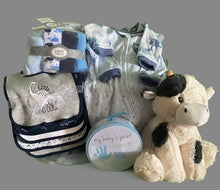 Load image into Gallery viewer, But wait, there's more magic! Capture those precious tiny hands and feet with "my baby's print" – a keepsake that'll melt hearts for years to come. And guess what? This bundle comes wrapped up like a sprinkle-covered cupcake with a personalized notecard and a bow so fabulous, that even grown-ups will be envious. So go ahead, give the gift that says "Welcome baby" in the most huggable way possible. Because who says little boys can't be dressed like royalty?