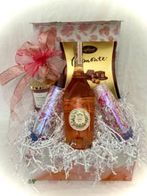 Load image into Gallery viewer, This particular gift also features two elegant stemless flutes, a luxurious large candle, a box of delectable chocolates, and more. We will gladly etch the flutes for you! 
Impeccably presented, the gift is elegantly wrapped in clear shrink wrap, complete with a notecard and a beautifully handcrafted bow. Your recipients will be thrilled to share and savor this exquisitely curated gift box, tailored to their special requests.