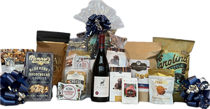 For this special order, we curated a North Carolina–themed gift basket packed with local flavor and Carolina pride. A huge shoutout to our amazing NC makers: Piedmont Pennies, Butterfield’s Honeybell Buds, 1 in 6 Snacks for the Carolina Kettle Chips, Memaw’s Cookies, Big Spoon Roasters Bars, Richie Hill Bakery, Bruce Julian Couch Mix, Chad’s at Chad’s Carolina Corn, Elk Cove Vineyards, and Bear Foods.
