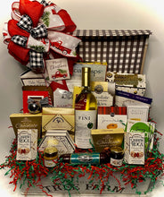 Load image into Gallery viewer, Elevate Your Gifting Experience with Our Signature Christmas Gourmet Gift Basket! Elevate your gifting game this holiday season with our stunning reusable flip-top box, thoughtfully curated to delight both the discerning gourmand and the festive aficionado! Overflowing with an enticing medley of sweet and savory treats, our exclusive collection is the epitome of culinary craftsmanship, meticulously designed to bring joy to families, offices, and gracious hosts or hostesses.