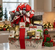 Load image into Gallery viewer, Elevate Your Gifting Experience with Our Signature Christmas Gourmet Gift Basket! Elevate your gifting game this holiday season with our stunning reusable flip-top box, thoughtfully curated to delight both the discerning gourmand and the festive aficionado! Overflowing with an enticing medley of sweet and savory treats, our exclusive collection is the epitome of culinary craftsmanship, meticulously designed to bring joy to families, offices, and gracious hosts or hostesses. ( we cannot ship WINE.)