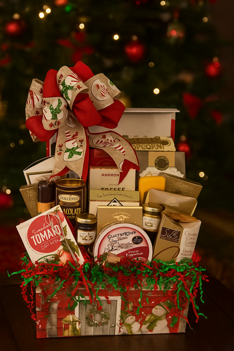 Our enchanting “Snowman’s Keepsake Delight” comes nestled in a reusable flip-top box, perfect for holiday celebrations and lasting memories. Inside, you’ll find Dolcetto Cracker Crisps, Caramel Popcorn, Butter Toffee Pretzels, Old Fashioned Chocolate Salted Caramel Cookies, a hearty Beef Stick, and Chocolate Rolled Wafers.

The assortment continues with Hammond Toffee Peanuts, a Cheddar Cheese Stick, two Hot Cocoas, Vineyard Estates Cheese Straws, and Chocolate Covered Caramels.