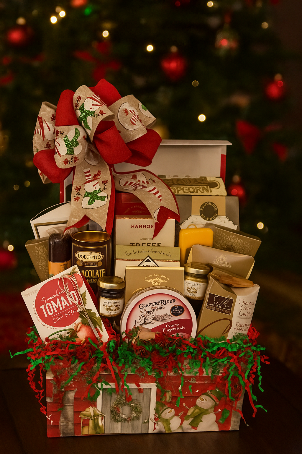 Our enchanting “Snowman’s Keepsake Delight” comes nestled in a reusable flip-top box, perfect for holiday celebrations and lasting memories. Inside, you’ll find Dolcetto Cracker Crisps, Caramel Popcorn, Butter Toffee Pretzels, Old Fashioned Chocolate Salted Caramel Cookies, a hearty Beef Stick, and Chocolate Rolled Wafers.

The assortment continues with Hammond Toffee Peanuts, a Cheddar Cheese Stick, two Hot Cocoas, Vineyard Estates Cheese Straws, and Chocolate Covered Caramels.