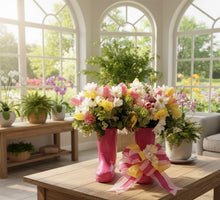 Load image into Gallery viewer, Welcome spring with this charming "Floral Rain Boots Wreath," a whimsical and cheerful décor piece perfect for your front door, porch, patio, or indoor display.

This design features children’s pink rubber rain boots beautifully adorned with silk tulips in soft shades of yellow, pink, and white, with daisies, complemented by lush greenery including eucalyptus, spike, and coordinating foliage.