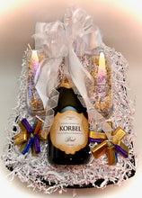 Load image into Gallery viewer, The other gift box shown &quot;Champagne for TWO!&quot; is also a personalized gift for a newly engaged couple. Wishing them All the Best! This gift cannot be shipped with adult beverages but can be locally delivered! This gift comes in this beautifully packaged reusable flip-top box with a bottle of champagne and two decorated flutes (as per the customers&#39; request) and chocolates for a fun gift! Put a huge smile on their faces with this sweet gift for new couples to share! 