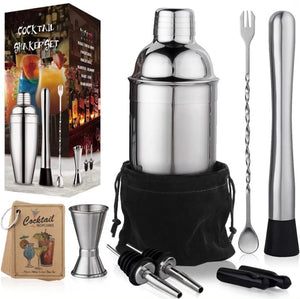 Here is our stainless steel Shaker Bartender Set! comes with a mixing spoon, muddler, measuring jigger, liquor pourers and recipe booklet.