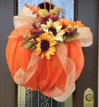 Load image into Gallery viewer, Decorative pumpkin with sunflowers and ribbons is beautiful for any door!