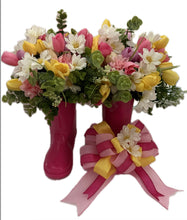 Load image into Gallery viewer, Everything is finished with a beautiful handcrafted bow, bringing the entire arrangement together with a touch of elegance.

Perfect for spring and summer décor, this versatile piece also makes a lovely accent for baby showers, nurseries, or seasonal table and wall styling. Its bright florals and playful boots create a welcoming and joyful statement for any space.