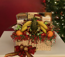 Load image into Gallery viewer, Inside this splendid gift, you&#39;ll find a grand and reusable basket, an assortment that includes Focaccia Crisps, Caramel Popcorn, Buttercrunch Pretzels, an array of gourmet Cookies, Chocolate Almonds, Cheese Straws, Butter Toffee Pretzels, Olives, Beef Sticks, Brie Cheese, a medley of seasonal Fruits, a variety of exquisite Chocolates, and much more.