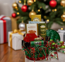 Load image into Gallery viewer, Our &quot;Holiday Drum&quot; is an adorable bamboo red and green drum filled with great snacks to send to your teachers, postal workers, co-workers, secretaries, nail techs, family members, or friends. This adorable decorative reusable drum includes a variety of deliciousness! Cookies, Cracker Crisps, Old Dominion Nuts, Cheese Spread, Meat Stick, Rolled Wafers, Chocolates, Roca, and more!