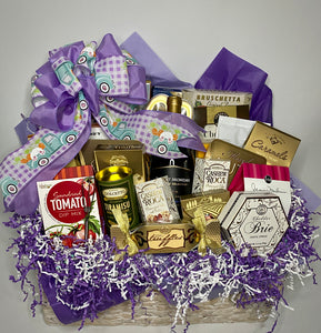 Each basket is beautifully wrapped with cellophane, a notecard, and a beautiful Easter color handcrafted bow. Customize it for any occasion, choose your size and color, or add a touch of elegance with wine (For local delivery only). Please select from the drop-down which gift you would like.