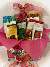 Load image into Gallery viewer, Flower Box of Treats! This gift box measures 11&quot; x 6&quot; x 7.5&quot; and is full of treats to say Thank you, a business gift, a realtor gift, a great gift for a new mother-to-be, Mother&#39;s Day, nana, Grandparents Day, Father&#39;s day, or that special someone you want to send an enjoyable treat to. It includes caramel popcorn, Mojito drink mix (you can add seltzer or spirits) coffee, tea, or hot cocoa, cheese straws, or crackers, cookies, chocolate-covered almonds, butter toffee pretzels,