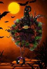 Load image into Gallery viewer, Introducing our &quot;Happy Halloween Wreath!&quot; This colorful mesh wreath is the perfect addition to any door, wall, or room. Featuring a playful witch&#39;s hat, whimsical legs, and charming embellishments, it measures approximately 40&quot; tall x 28&quot; wide x 8&quot; deep and brings the Halloween spirit to life.