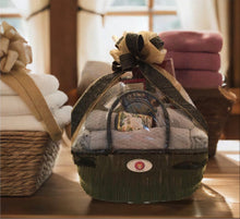 Load image into Gallery viewer, Indulge your recipient in luxury with our Over the Moon...Towel Gift Basket, &quot;A Best Seller!&quot; featuring plush light slate gray terry cotton towels, a luxury soap bar, Bath Body Shower gel, Lotion, or Scrub, and a selection of sweet and savory treats. This best-selling gift is perfect for housewarmings, engagements, weddings, college students, or any special occasion.