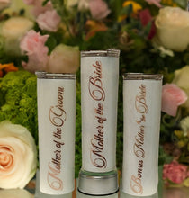 Load image into Gallery viewer, The 30-ounce slender stainless tumblers in focus stand as impeccable gifts suitable for commemorating an engagement, celebrating matrimonial bliss, or simply honoring the indispensable role of motherhood. Mom of the Bride, Mother of the Groom, Bonus Mom Tumblers Equipped with a sliding lid and accompanied by a reusable straw, these tumblers seamlessly blend practicality with elegance, elevating the act of beverage consumption.