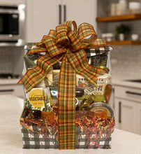 Load image into Gallery viewer, Celebrate Fall with Our Exquisite Flip-Top Boxes! Our Fall flip-top boxes are the perfect way to show appreciation to family, friends, hosts, or colleagues. Each box is filled with a delicious assortment of cheeses, crackers, meat sticks, caramel popcorn, cookies, chocolates, dips, pretzels, candied peanuts, and your choice of coffee, tea, or cocoa.