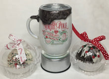 Load image into Gallery viewer, North Pole Dripping Hot Cocoa Mug is a 15-ounce stainless steel mug with a lid. It is decorated with extra-fine white iridescent glitter, vinyl, and FDA-approved epoxy. These mugs keep your drinks hot and in style! We can customize by size, color, and quotes. We can add monograms, names, and the North Pole label of your choice. This cup with one name is $45.00. Hot Cocoa Bombs NOT INCLUDED. 