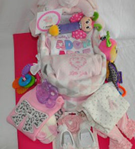 then wrapped with Bath Towels, Baby Blanket, Bibs, Burp Cloths, Outfit, Hat, Socks, Assorted Toys, Bathing Necessities and so much more!  This gift will come beautifully wrapped in a cello with a notecard and a beautiful handmade bow matching the gift. We can customize this gift by gender, size, and, color. Please contact us if the gift needs to be shipped. Due to the change in styles, seasons, and availability,  we reserve the right to substitute items for greater or equal value.