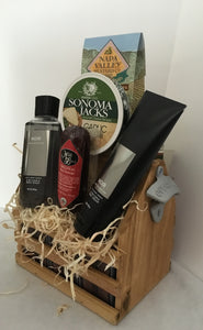 The wooden caddy comes with Butter Pretzels, Sonoma Jacks Cheese Spread and Knife or Brie Cheese, Beef Sausage Stick, Bath, and Body Works 2-in -1 Hair and Body Wash Men's Collection, Bath, and Body Works Ultra Shea Body Cream Men's Collection.   Your gift will be wrapped in a cello with a notecard and a handsomely handmade bow. Make the highlight of his day by giving him a gift for his special day, golfing day, for fishing, a guys day out or for hunting trip!
