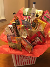 Load image into Gallery viewer, Allow us to customize these movie baskets for adults&#39; birthdays, thank you, bachelor/bachelorette, anniversaries, engagements, and much more. The base price is $35.00 for this gift. This gift may be locally delivered or shipped nationwide. Adult boxes are priced accordingly! Alcohol may only be delivered locally to an adult!