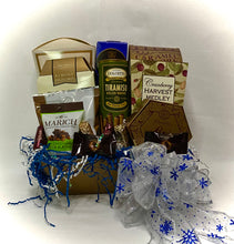 Load image into Gallery viewer, Nothing says enjoy your holiday like this perfect combination of snacks while decorating, baking, or simply sharing with some family time, or a neighborly welcome. These will please all palates with a perfect combination of treats. We carry a variety of market trays for you to choose from. This gift includes Butter Flavored Pretzels, Table Water Crackers, Caramel Popcorn, Cranberry Harvest Medley, Tiramisu Rolled Wafers, Old Dominion Nuts, Almond Hazelnut Biscotti,