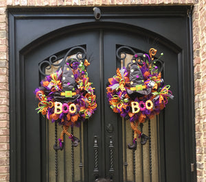 Halloween doesn't get more festive than Witch's Night Out! This full mesh wreath – complete with ribbons, a witch's hat and legs, and colorful Halloween picks – will send a clear message to all guests: "Enter All Trick-or-Treaters!" Measuring 35" tall x 26" wide x 6" deep, this wreath is perfect for any door or wall