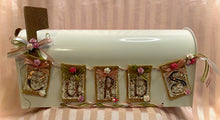 Load image into Gallery viewer, Second photo: Our Bridal Day Card Mailbox is the perfect card collector for your wedding day! This full-size reusable metal white box is embellished and customized for our couples with their wedding colors. This particular box is decorated with rose gold paint, rose gold vinyl, amore rose and sage colored ribbon and so much more. 