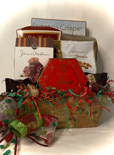Load image into Gallery viewer, Cheddar Brie Cheese Spread, Marich Chocolate Toffee Almonds, Godiva Chocolates, Almond Roca, and more! Wrapped in a cello, with a notecard and a beautiful handmade bow. We can ship this gift also!