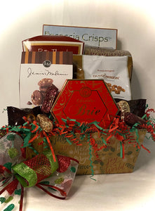 Cheddar Brie Cheese Spread, Marich Chocolate Toffee Almonds, Godiva Chocolates, Almond Roca, and more! Wrapped in a cello, with a notecard and a beautiful handmade bow. We can ship this gift also!