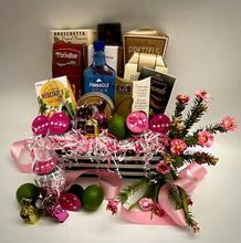Load image into Gallery viewer, Get ready for a fun and sassy happy hour with Cosmo Cocktail therapy! A gift that looks this good is sure to be a hit! This beautifully put-together market box is perfectly curated with treats they will enjoy! We&#39;ve included Butter Toffee pretzels, Bruchetta chips, Cheese, Water crackers, Pirouline wafers, Chocolate covered almonds, Cheese straws, Toffee nuts, Chocolate silk cookies, Vegetable dip, Cosmo mixers, with stainless steel shaker (NOT shown here), Pinnacle Vodka, Chocolates, and much more! 