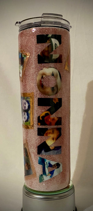Nonna's Tumbler is a 30-ounce stainless steel tumbler with a screw-on lid and reusable straw. Our cups are a perfect gift for all. We can make them for adults and kids too! This cup is decorated with extra fine rose gold glitter, vinyl, photos of her grandchildren, and FDA food-safe epoxy. (Nonna means grandma in Italian.) We can make these out of other names, ultrasound pictures, quotes, monograms, add names, sayings, etc. The words can be outlined in gold foil or an outline color also. 