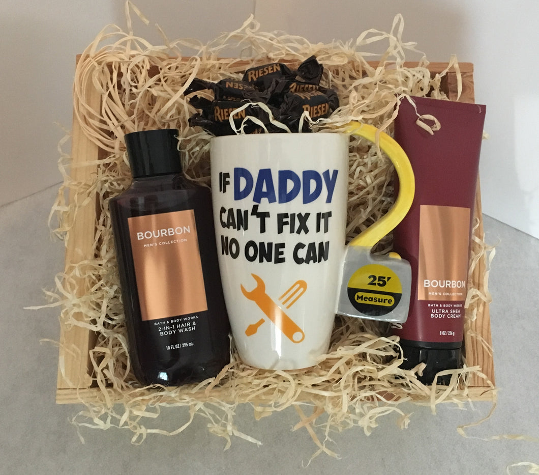 If Daddy Can't Fix it No One Can.... this crate will brighten and put a smile on his face! It is a perfect gift for your Special Someone! We've included a great-smelling Bath & Body men's collection that will make him feel special! This Reusable Crate, Bath, and Body Men's Collection 2-IN-1 Hair and Body Wash, Bath and Body Men's Collection Ultra Shea Body Cream Select Candy, and Treats in this awesome mug will make him feel like he's your #1 all day every day!