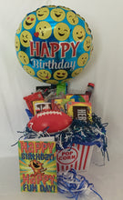 Load image into Gallery viewer, Happy Birthday, Movie Box is a reusable popcorn box filled with fun treats and toys custom-made for a little boy or girl. We can customize this box with candy, stickers, crayons, treats, popcorn, nerf football, stickers, glow sticks, balloons, cards, and so much more! We will shrink-wrap it beautifully with a handmade bow and notecard. 